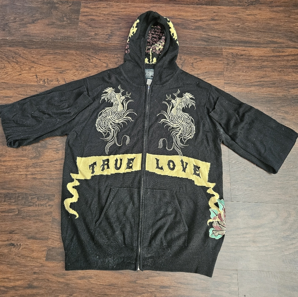 True Love False Idols Black Beige Knit Full Zip Hoddie Embroidered Rose